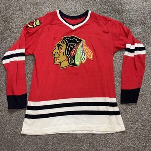 VTG Chicago Blackhawks Jersey Mens Large Red NHL Hockey Bauer Thrashed
